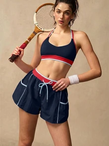 VARSIVA 女款街頭休閒抽繩腰對比色口袋運動短褲 - 藏蓝色 - 查看 2