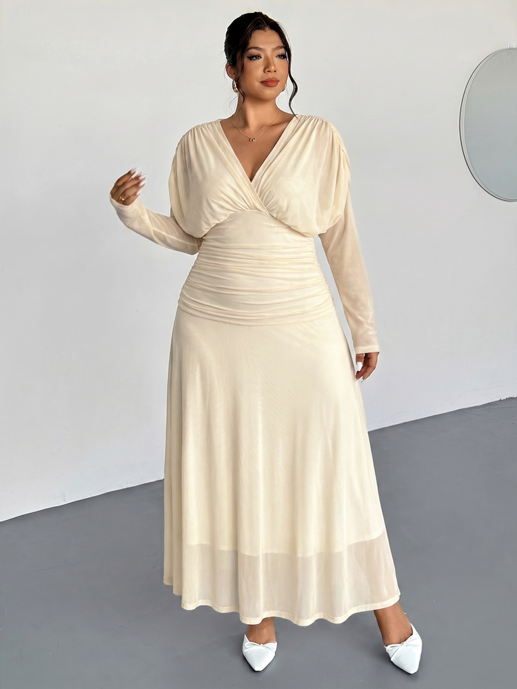 Firerie Elegant Romantic Plus-Size Beige Maxi Dress High-Stretch Mesh V-Neck Long Sleeves Slimming Ruched Waist Dinner Wedding Guest Evening Formal Autumn - Black - View 5