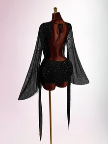 Amplova 女款掛脖露背藍綠色洋裝，復古優雅性感前衛迷你洋裝，秋冬派對適用 - 黑色 - 查看 9