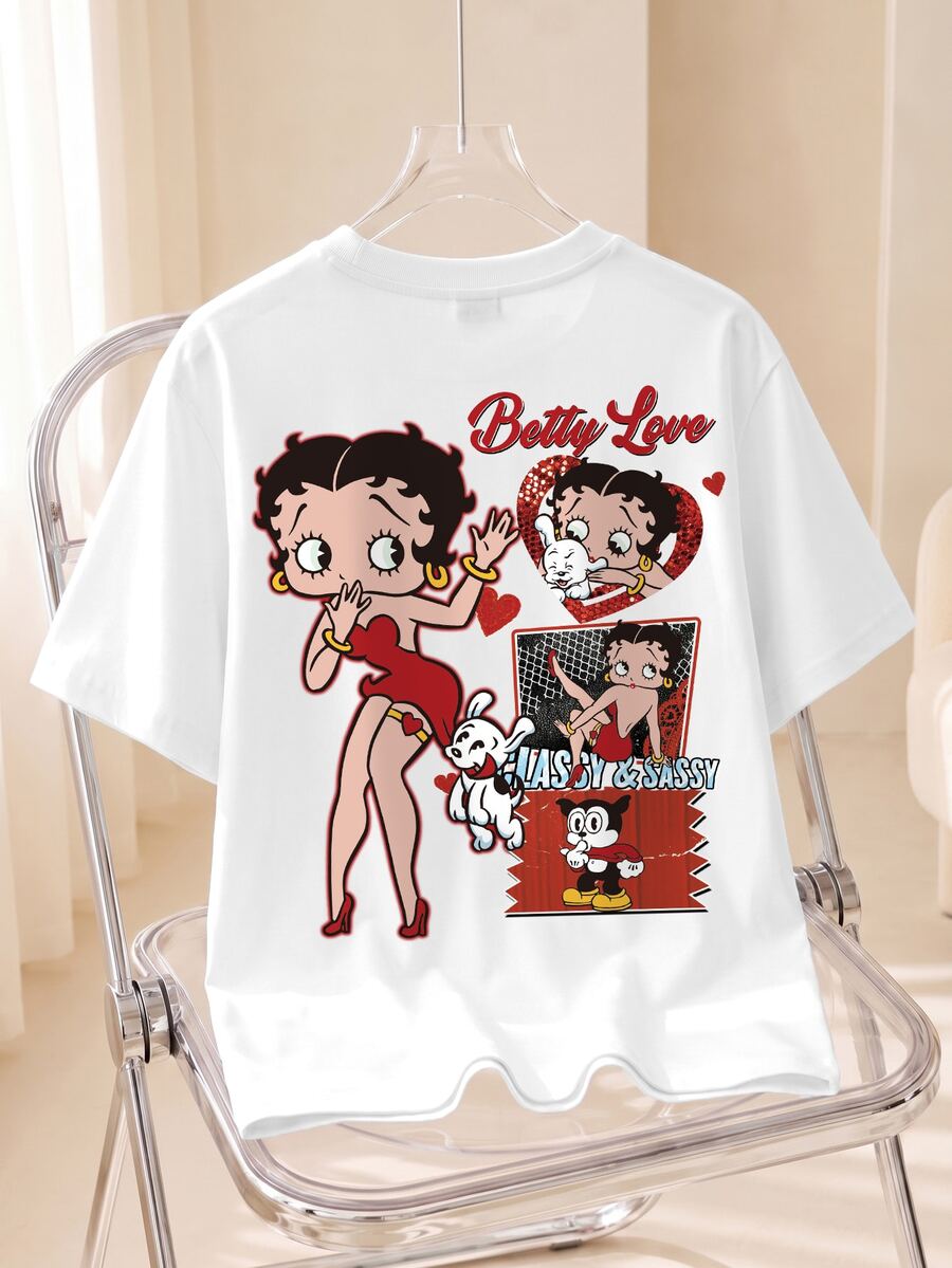 Betty Boop x SHEIN 大尺碼女款圓領短袖休閒百搭T恤 - 白色 - 查看 1