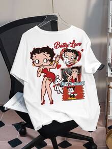 Betty Boop x SHEIN 大尺碼女款圓領短袖休閒百搭T恤 - 白色 - 查看 6