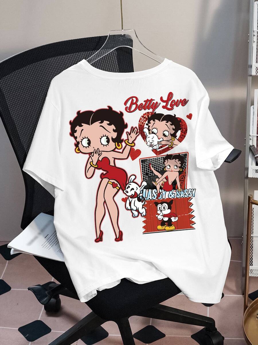 Betty Boop x SHEIN Plus Size Women's Round Neck Short Sleeve Casual Versatile T-Shirt - White - View 1