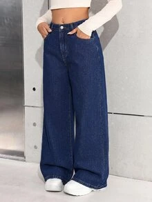 SHEIN 青少年女孩秋冬深藍色牛仔刷毛內裡寬鬆寬腿長褲，冬季返校穿著，柔軟保暖，可搭配白色襯衫 - 藍色 - 查看 5
