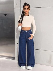 SHEIN 青少年女孩秋冬深藍色牛仔刷毛內裡寬鬆寬腿長褲，冬季返校穿著，柔軟保暖，可搭配白色襯衫 - 藍色 - 查看 4