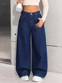 SHEIN 青少年女孩秋冬深藍色牛仔刷毛內裡寬鬆寬腿長褲，冬季返校穿著，柔軟保暖，可搭配白色襯衫 - 藍色 - 查看 7