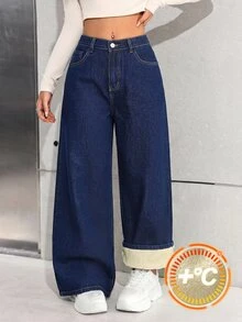 SHEIN 青少年女孩秋冬深藍色牛仔刷毛內裡寬鬆寬腿長褲，冬季返校穿著，柔軟保暖，可搭配白色襯衫 - 藍色 - 查看 8