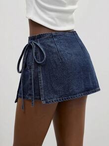 Maija Women's Summer Casual Tie-Up Wrap Denim Shorts - Dark Wash - View 3