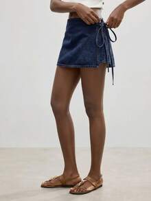 Maija Women's Summer Casual Tie-Up Wrap Denim Shorts - Dark Wash - View 5