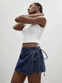 Maija Women's Summer Casual Tie-Up Wrap Denim Shorts - Dark Wash - View 6