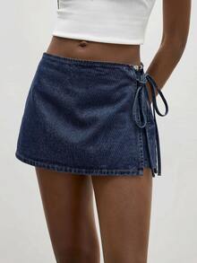 Maija Women's Summer Casual Tie-Up Wrap Denim Shorts - Dark Wash - View 4