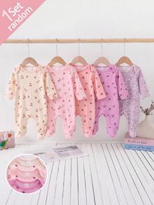 [Random 5 Sets, 1 Set Sent] Kids Kids Newborn 0-12 Home Autumn Jumpsuit, Mori Style Ditsy Floral With Contrast Color, Fresh Style, Long Sleeve Baby - White - View 3