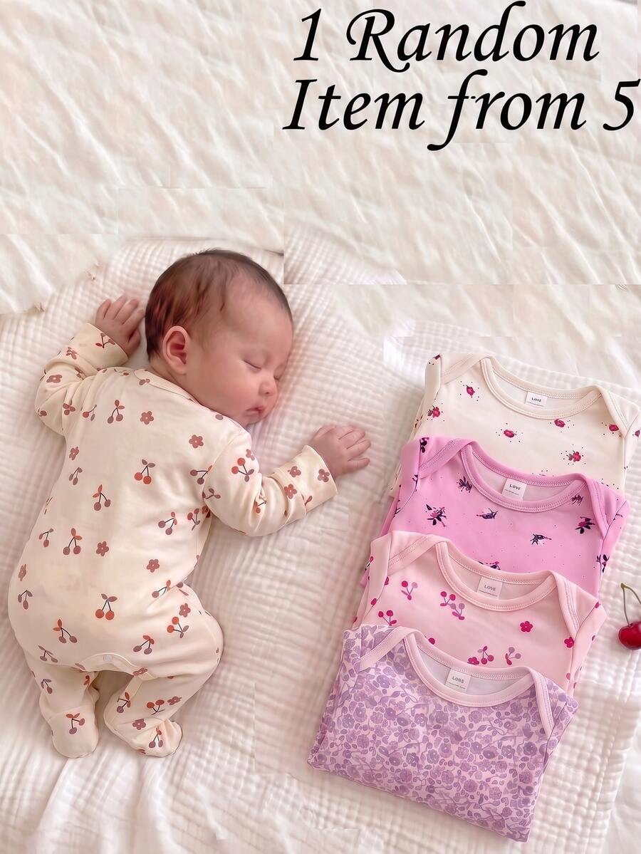 [Random 5 Sets, 1 Set Sent] Kids Kids Newborn 0-12 Home Autumn Jumpsuit, Mori Style Ditsy Floral With Contrast Color, Fresh Style, Long Sleeve Baby - White - View 1