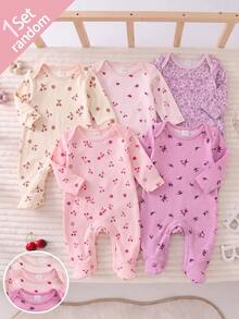 [Random 5 Sets, 1 Set Sent] Kids Kids Newborn 0-12 Home Autumn Jumpsuit, Mori Style Ditsy Floral With Contrast Color, Fresh Style, Long Sleeve Baby - White - View 2