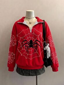 SHEIN EZwear 女款休閒半拉鍊高領寬鬆衛衣，蜘蛛印花，女款秋冬服飾，女款秋季服飾，冬季服飾，2026秋冬，休閒，Y2K，女款通勤穿搭，基礎款，牛仔女郎，復古，返校，外出，學校，萬聖節裝扮 - 彩色 - 查看 2