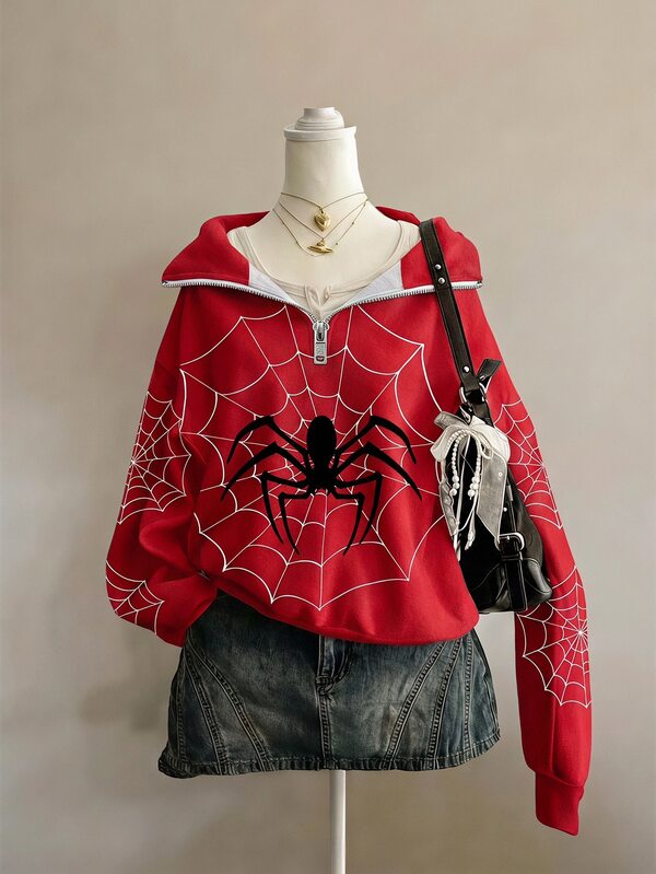 SHEIN EZwear Women's Casual Half-Zip High Neck Loose Sweatshirt, Spider Print, Women's Autumn/Winter Clothing, Women's Autumn Clothing, Winter Clothing, 2026 Autumn/Winter, Casual, Y2K, Women's Commute Outfit, Basic Style, Cowgirl, Vintage, Back To School, Outing, School, Halloween Costume