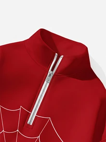 SHEIN EZwear 女款休閒半拉鍊高領寬鬆衛衣，蜘蛛印花，女款秋冬服飾，女款秋季服飾，冬季服飾，2026秋冬，休閒，Y2K，女款通勤穿搭，基礎款，牛仔女郎，復古，返校，外出，學校，萬聖節裝扮 - 彩色 - 查看 7