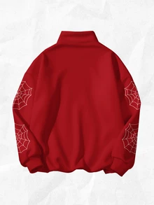 SHEIN EZwear 女款休閒半拉鍊高領寬鬆衛衣，蜘蛛印花，女款秋冬服飾，女款秋季服飾，冬季服飾，2026秋冬，休閒，Y2K，女款通勤穿搭，基礎款，牛仔女郎，復古，返校，外出，學校，萬聖節裝扮 - 彩色 - 查看 3