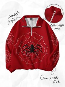 SHEIN EZwear 女款休閒半拉鍊高領寬鬆衛衣，蜘蛛印花，女款秋冬服飾，女款秋季服飾，冬季服飾，2026秋冬，休閒，Y2K，女款通勤穿搭，基礎款，牛仔女郎，復古，返校，外出，學校，萬聖節裝扮 - 彩色 - 查看 4
