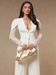 Silquee Elegant Party Lace Patchwork Top And Pants Set - White - View 6