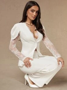 Silquee Elegant Party Lace Patchwork Top And Pants Set - White - View 4