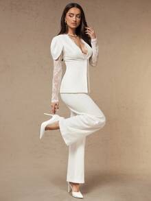 Silquee Elegant Party Lace Patchwork Top And Pants Set - White - View 5