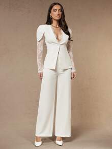 Silquee Elegant Party Lace Patchwork Top And Pants Set - White - View 3
