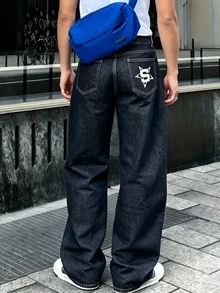 STEELVANCE 男士奢華休閒不褪色原色丹寧彎腿寬腿長褲 - 深色水洗藍 - 查看 3