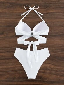 Swim Mod Summer Beach Wrap Halter Push Up Bikini Set - White - View 8