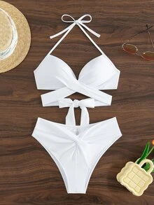 Swim Mod Summer Beach Wrap Halter Push Up Bikini Set - White - View 4