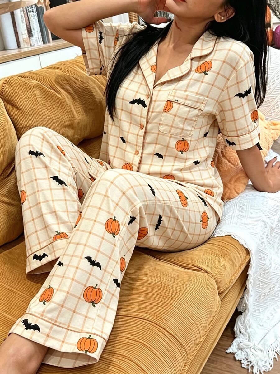 Dream Adore 萬聖節南瓜蝙蝠格紋印花前開襟翻領女款休閒可愛短袖長褲睡衣套裝居家米色 - 黃色 - 查看 1