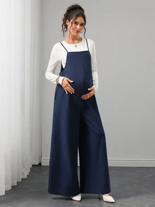 Momance Maternity Navy Blue Spaghetti Strap Wide Leg Jumpsuit Fall - Blue - View 6
