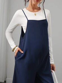 Momance Maternity Navy Blue Spaghetti Strap Wide Leg Jumpsuit Fall - Blue - View 9