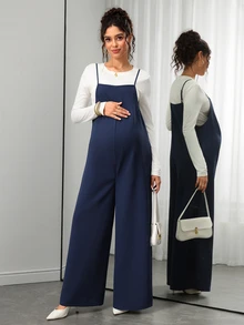 Momance Maternity Navy Blue Spaghetti Strap Wide Leg Jumpsuit Fall - Blue - View 3