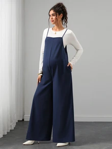 Momance Maternity Navy Blue Spaghetti Strap Wide Leg Jumpsuit Fall - Blue - View 7