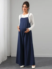 Momance Maternity Navy Blue Spaghetti Strap Wide Leg Jumpsuit Fall - Blue - View 8