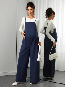 Momance Maternity Navy Blue Spaghetti Strap Wide Leg Jumpsuit Fall - Blue - View 5