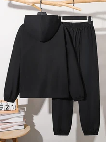 SHEIN 2件組青少年男孩休閒運動圖案拼接連帽外套與長褲套裝，適合通勤、上學、日常穿著、度假、旅行、運動，秋冬返校季適用 - 黑色 - 查看 7