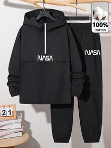 SHEIN 2件組青少年男孩休閒運動圖案拼接連帽外套與長褲套裝，適合通勤、上學、日常穿著、度假、旅行、運動，秋冬返校季適用 - 黑色 - 查看 4