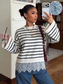 Muchica Striped Pattern Eyelash Lace Trim Drop Shoulder Sweater For Going Out, Streetwear, Y2K,Fall Clothes For Women - Black and White - View 1