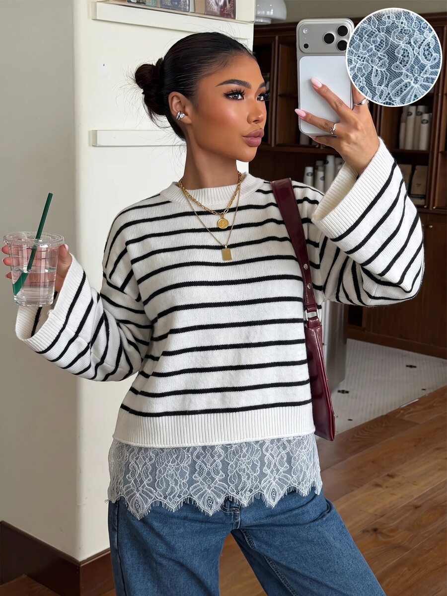 Muchica Striped Pattern Eyelash Lace Trim Drop Shoulder Sweater For Going Out, Streetwear, Y2K,Fall Clothes For Women - Black and White - View 1