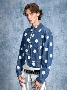 ROMWE MEN Street Life Men's Polka Dot Frog Button Denim Shirt - Blue - View 4