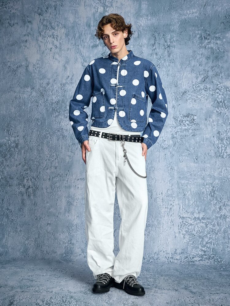 ROMWE MEN Street Life Men's Polka Dot Frog Button Denim Shirt - Blue - View 2