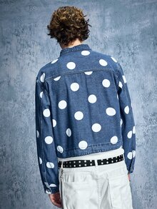 ROMWE MEN Street Life Men's Polka Dot Frog Button Denim Shirt - Blue - View 3