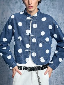 ROMWE MEN Street Life Men's Polka Dot Frog Button Denim Shirt - Blue - View 1