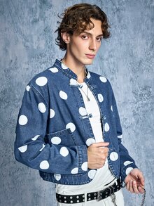 ROMWE MEN Street Life Men's Polka Dot Frog Button Denim Shirt - Blue - View 7