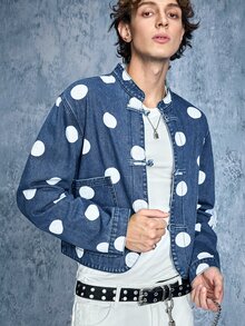 ROMWE MEN Street Life Men's Polka Dot Frog Button Denim Shirt - Blue - View 8