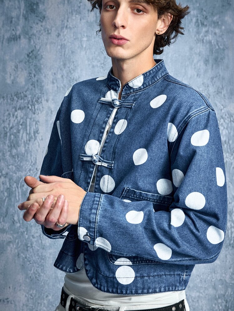 ROMWE MEN Street Life Men's Polka Dot Frog Button Denim Shirt - Blue - View 5