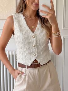 Easowa Solid Button Front Sleeveless Blouse - Apricot - View 1