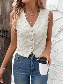 Easowa Solid Button Front Sleeveless Blouse - Apricot - View 6