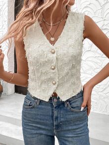 Easowa Solid Button Front Sleeveless Blouse - Apricot - View 4
